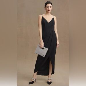 NEW! BHLDN Lyra V-Neck Faux-Wrap Stretch Crepe Midi Dress Black SZ 4
